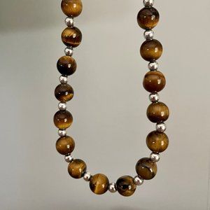 925 Sterling Silver and Brown Tiger Eye Round Beaded Adjustable 16"-18" Necklace